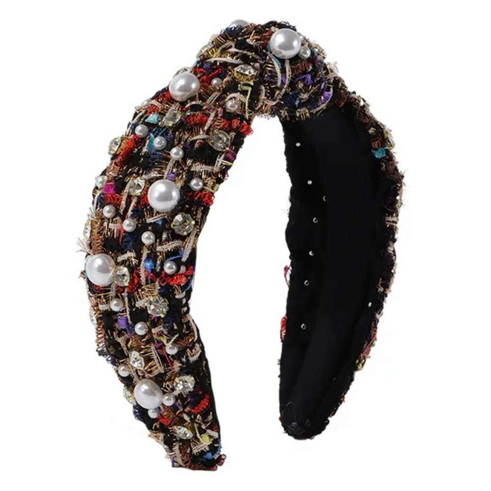 Artsy Woven Tweed Multi-gem Pearl Rhinestones Embellished Statement Headband